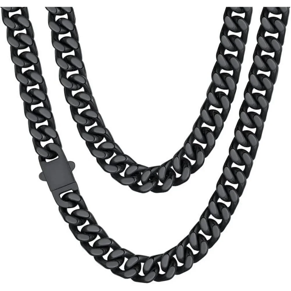 Men's 12mm Width Steel Black 18K Gold Plated Cuban Durable Hip Hop Chain Jewelry